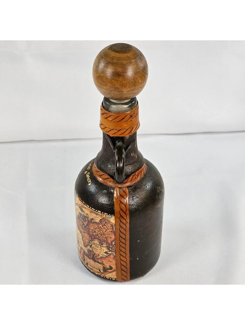 Vintage Italian Leather Wrapped Decanter Bottle Old World Map Wooden Stopper